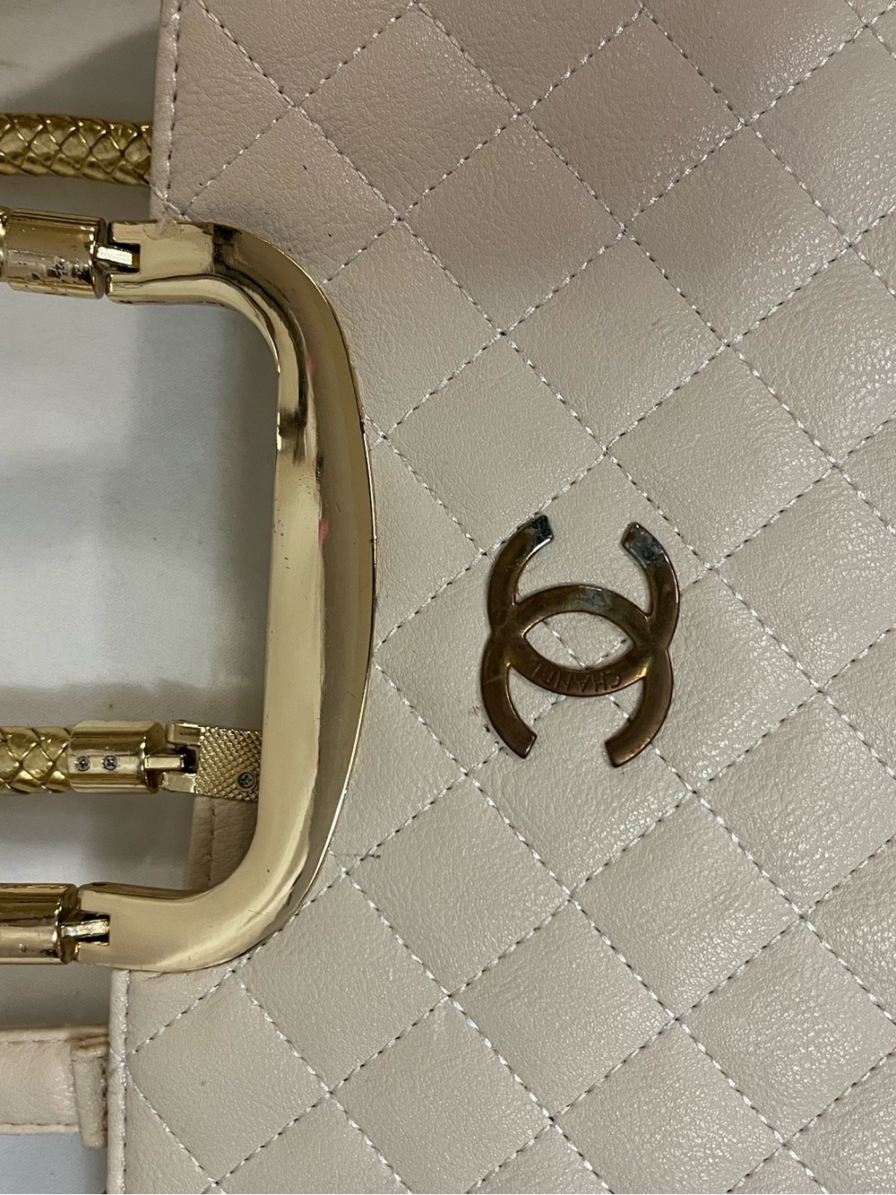 Quilted CC Top-Handle Tote in Cream with Gold Hardware - Picture 9 of 11